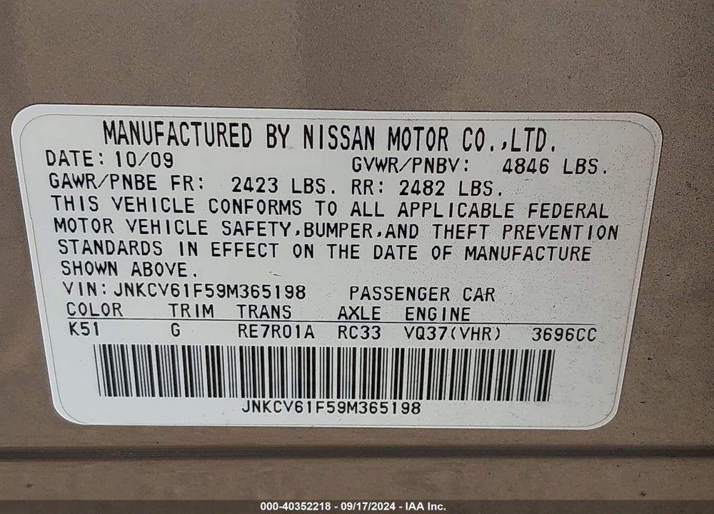 2009 INFINITI G37X VIN: JNKCV61F59M365198