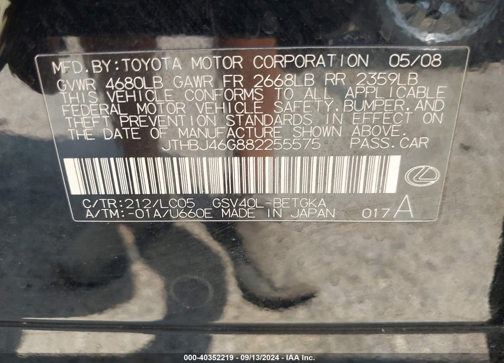 2008 LEXUS ES 350 VIN: JTHBJ46G882255575