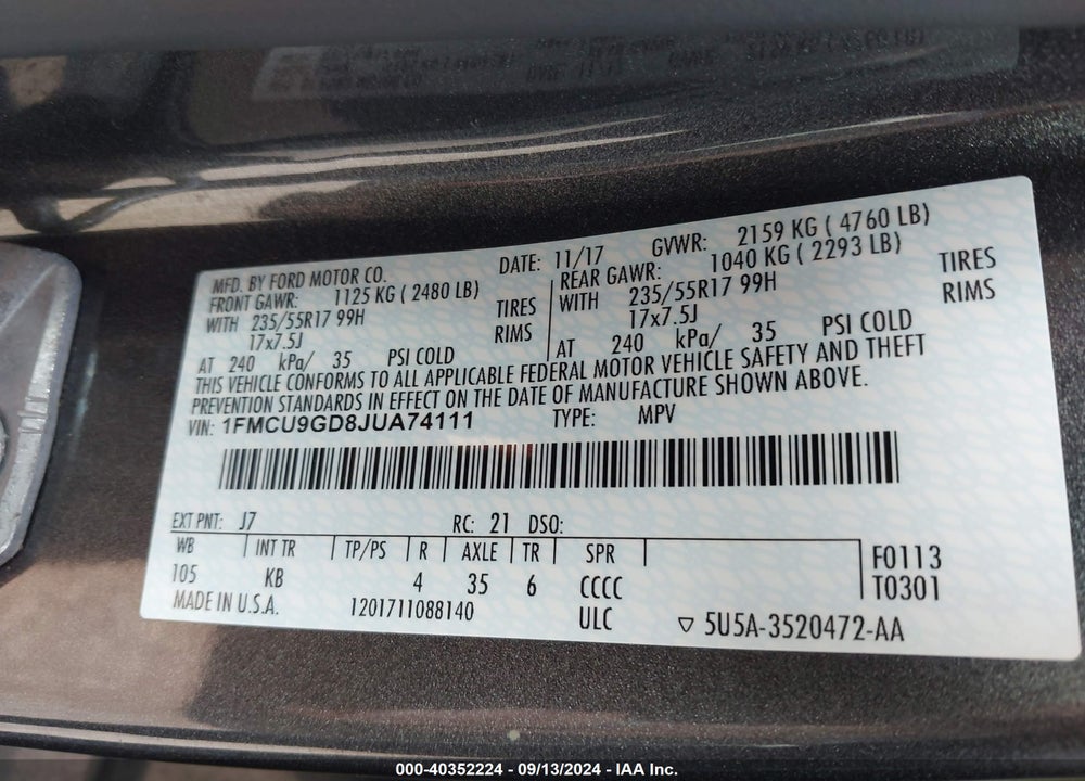 2018 FORD ESCAPE SE VIN: 1FMCU9GD8JUA74111