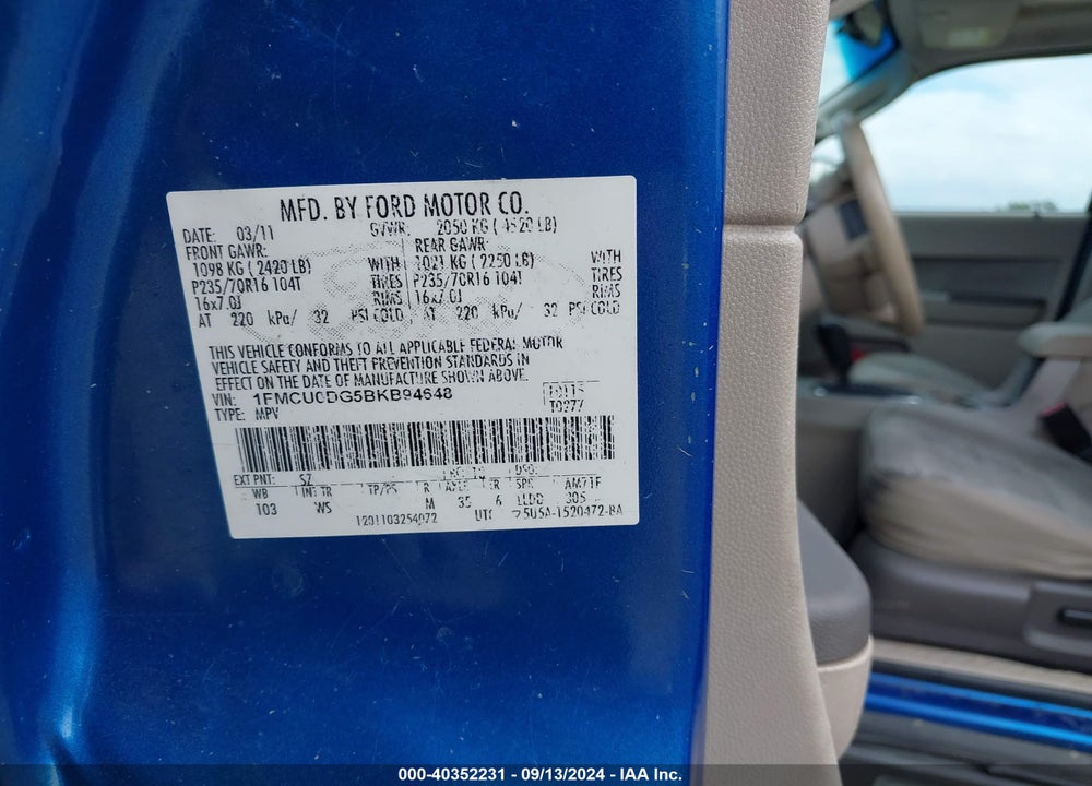 2011 FORD ESCAPE XLT VIN: 1FMCU0DG5BKB94648