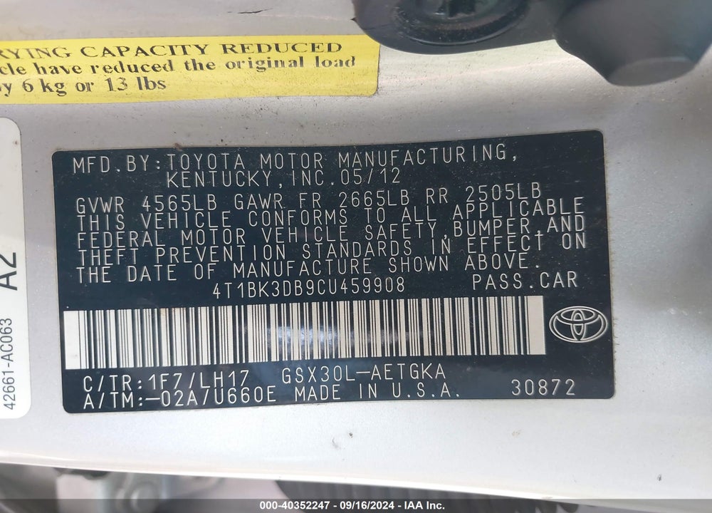 2012 TOYOTA AVALON VIN: 4T1BK3DB9CU459908