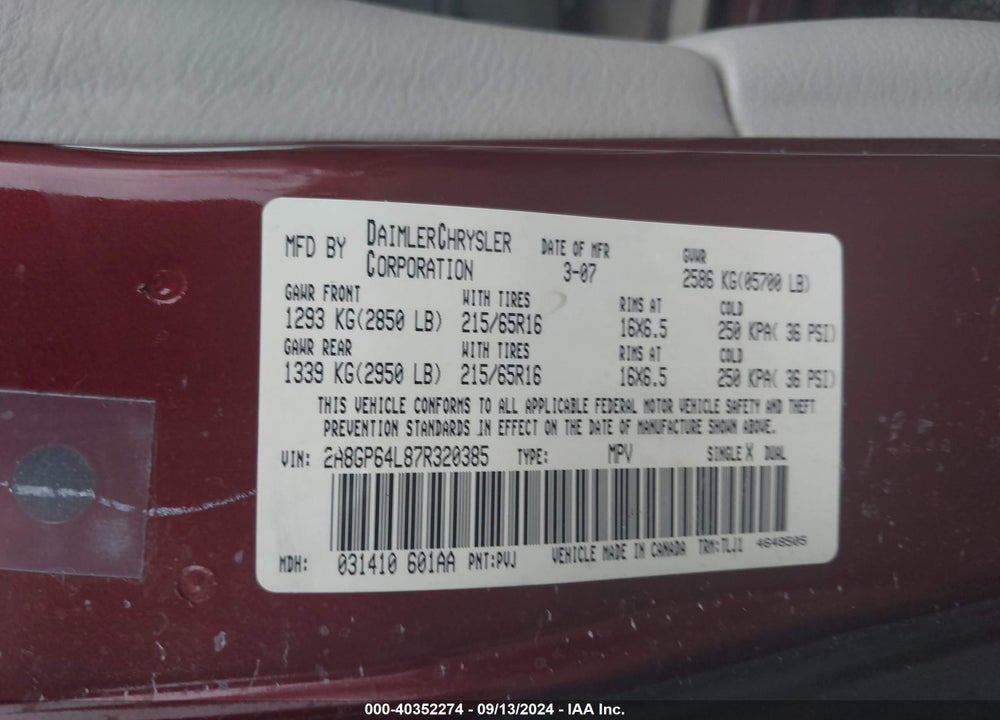 2007 CHRYSLER TOWN & COUNTRY LIMITED VIN: 2A8GP64L87R320385