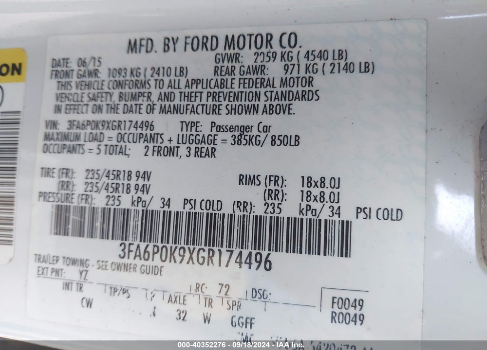 2016 FORD FUSION TITANIUM VIN: 3FA6P0K9XGR174496