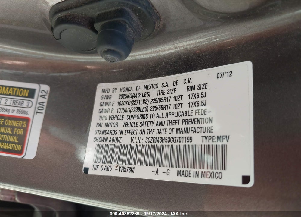 2012 HONDA CR-V EX VIN: 3CZRM3H53CG701199