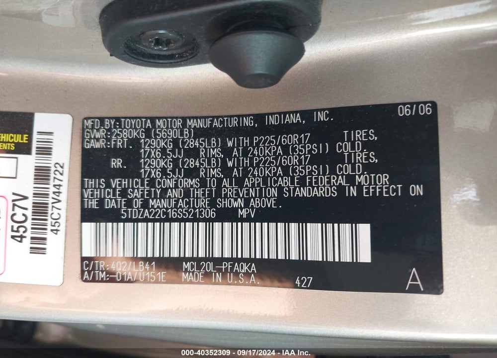 2006 TOYOTA SIENNA XLE VIN: 5TDZA22C16S521306