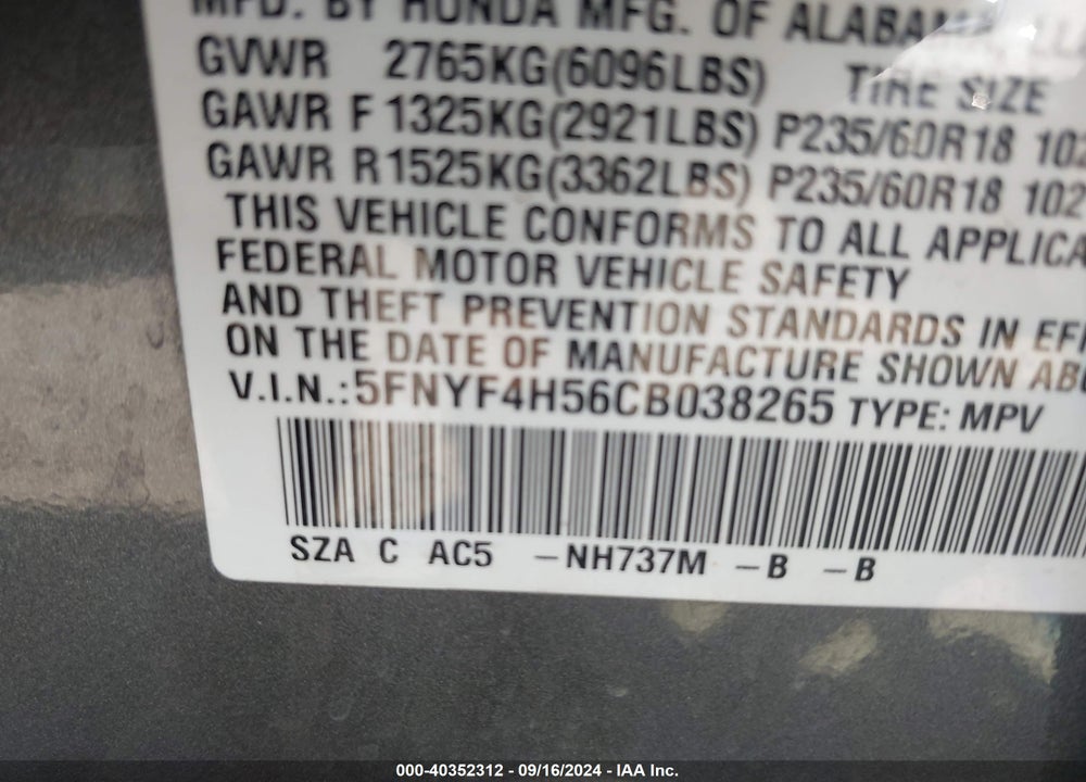 2012 HONDA PILOT EX-L VIN: 5FNYF4H56CB038265