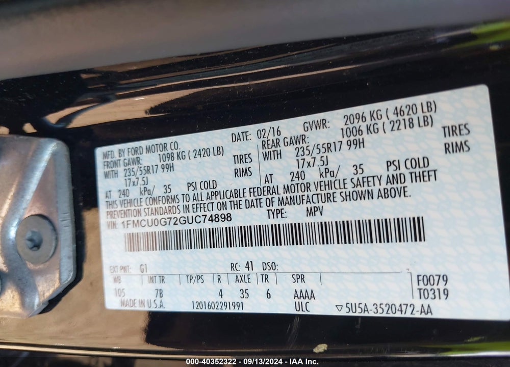 2016 FORD ESCAPE SE VIN: 1FMCU0G72GUC74898