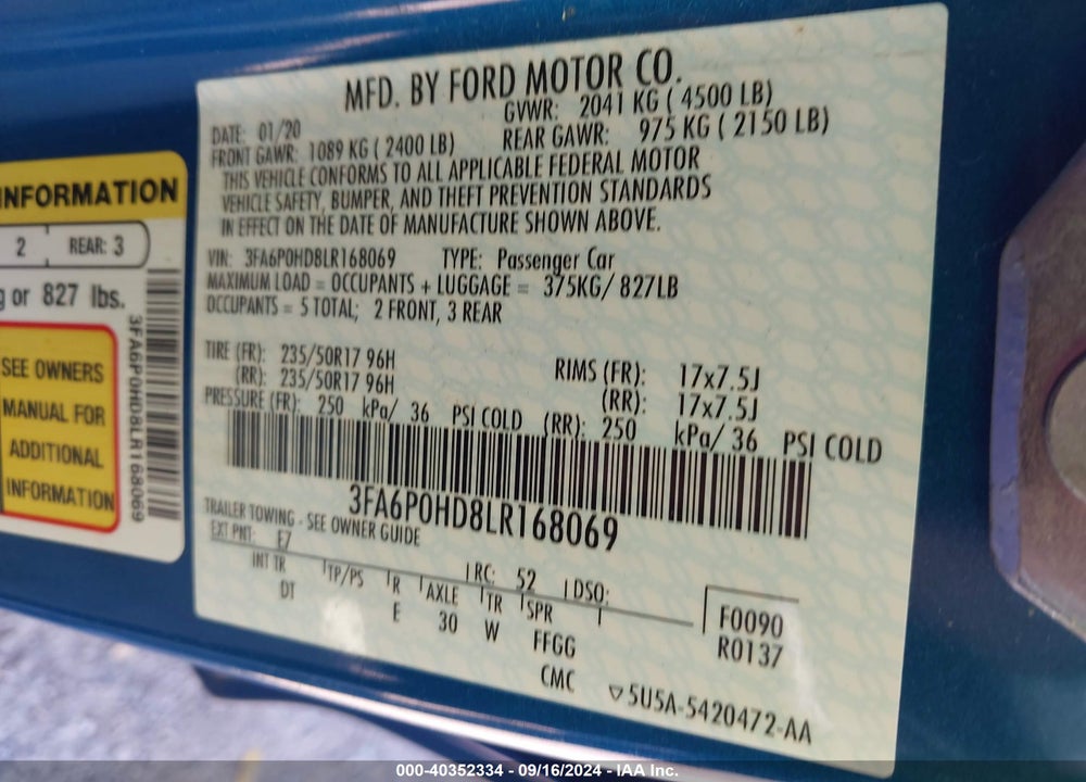 2020 FORD FUSION SE VIN: 3FA6P0HD8LR168069