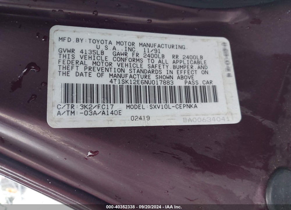 1992 TOYOTA CAMRY LE VIN: 4T1SK12E6NU017883
