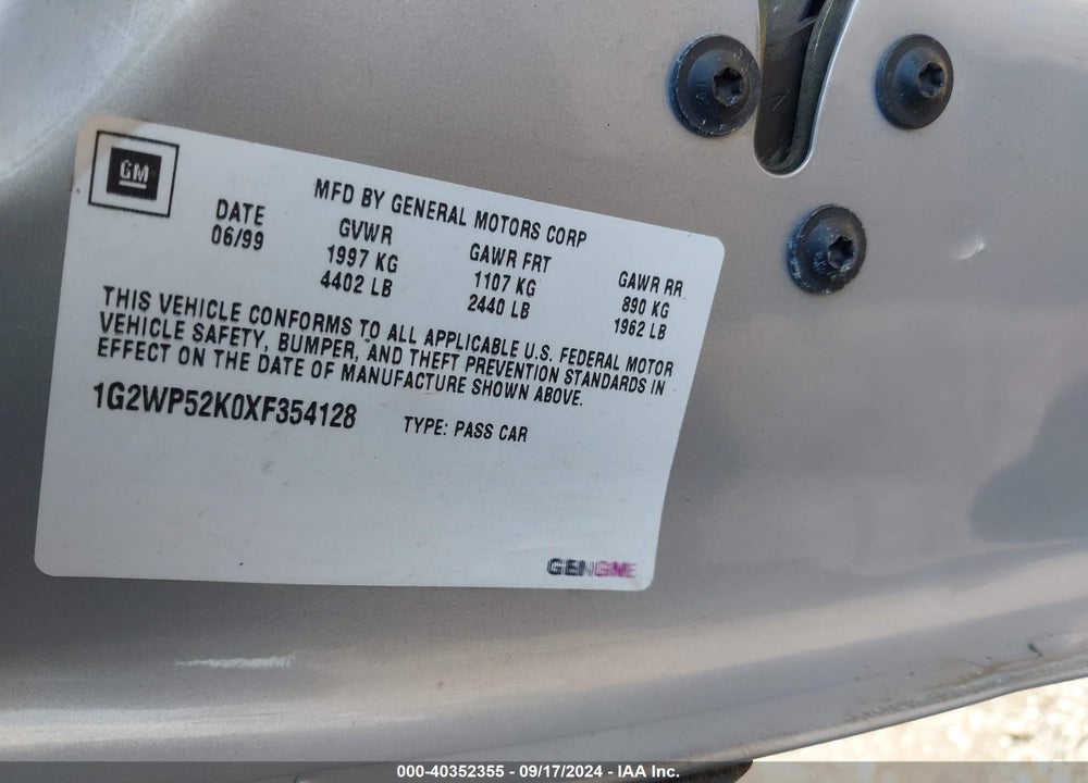 1999 PONTIAC GRAND PRIX GT VIN: 1G2WP52K0XF354128