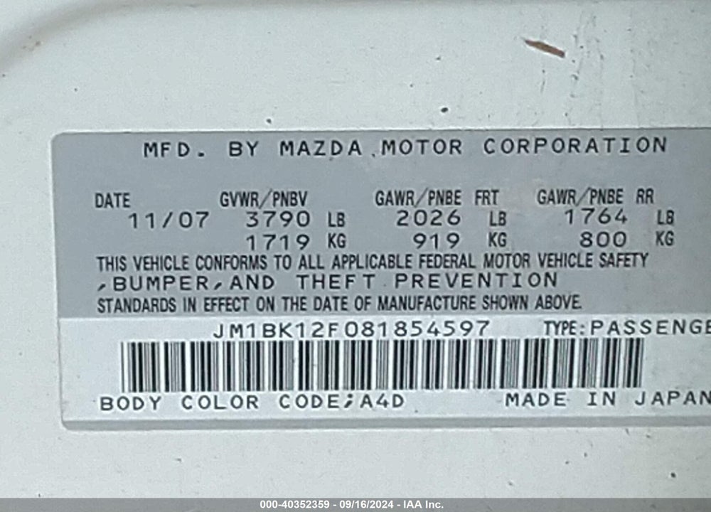 2008 MAZDA 3 I SPORT VIN: JM1BK12F081854597