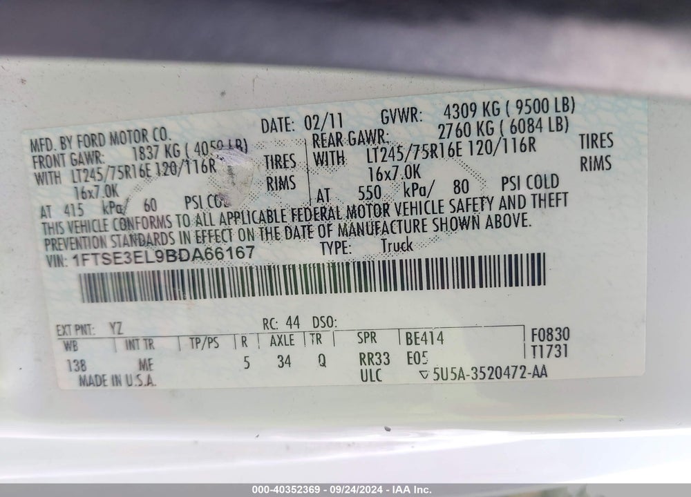 2011 FORD E-350 SUPER DUTY COMMERCIAL VIN: 1FTSE3EL9BDA66167