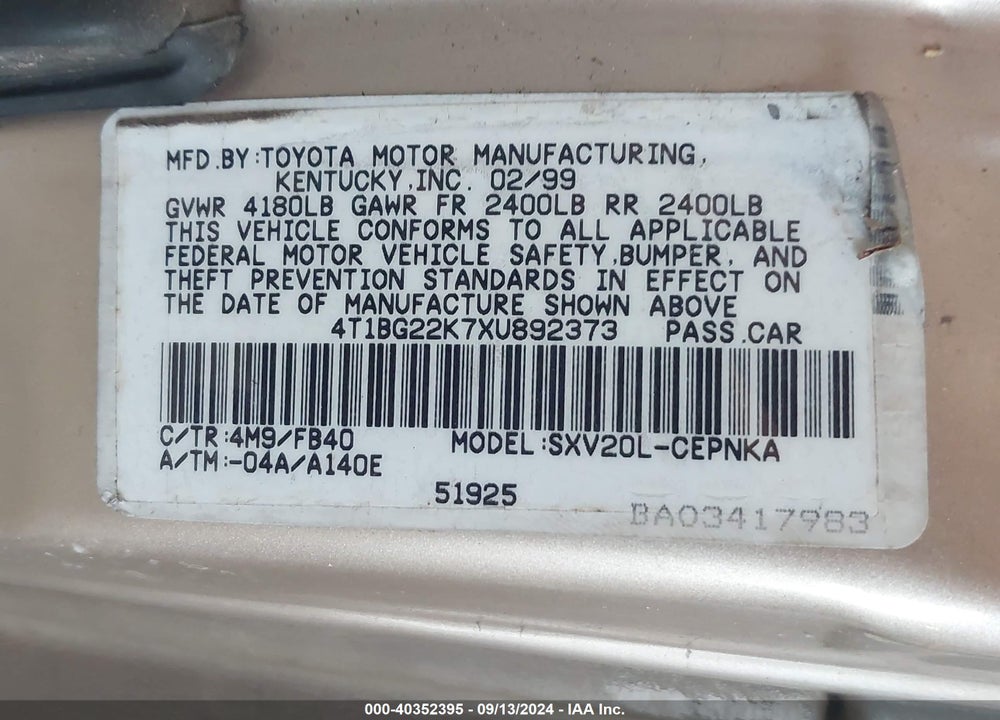 1999 TOYOTA CAMRY LE VIN: 4T1BG22K7XU892373