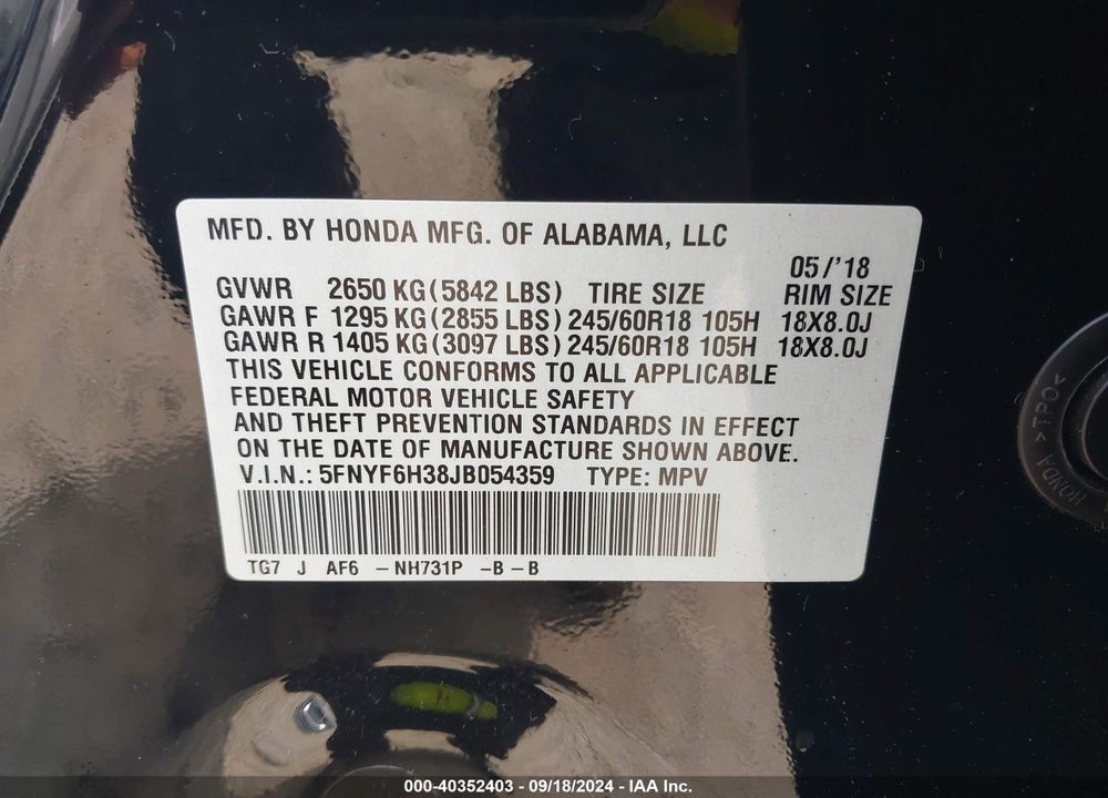 2018 HONDA PILOT EX VIN: 5FNYF6H38JB054359