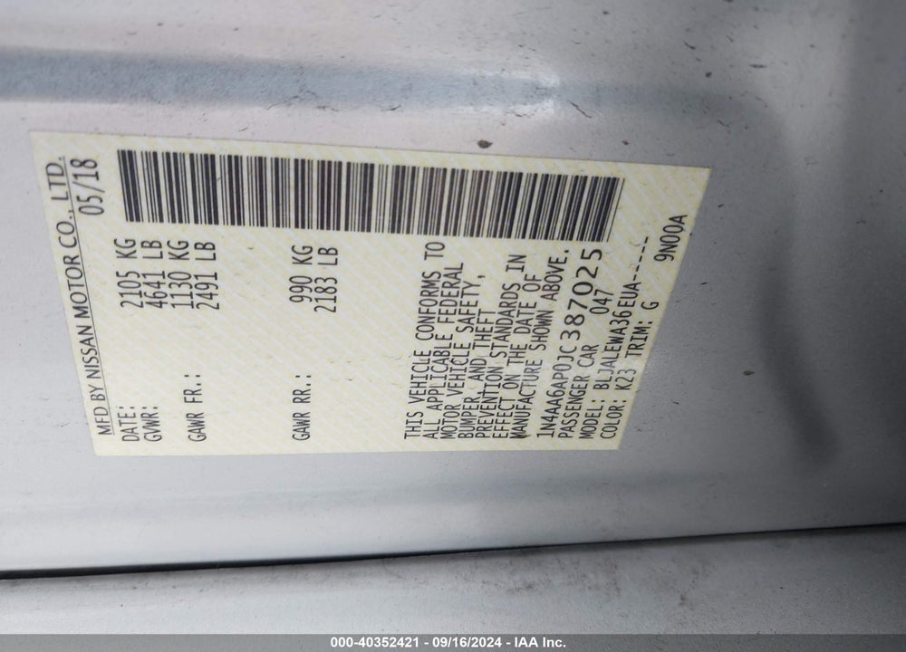 2018 NISSAN MAXIMA 3.5 SL VIN: 1N4AA6AP0JC387025