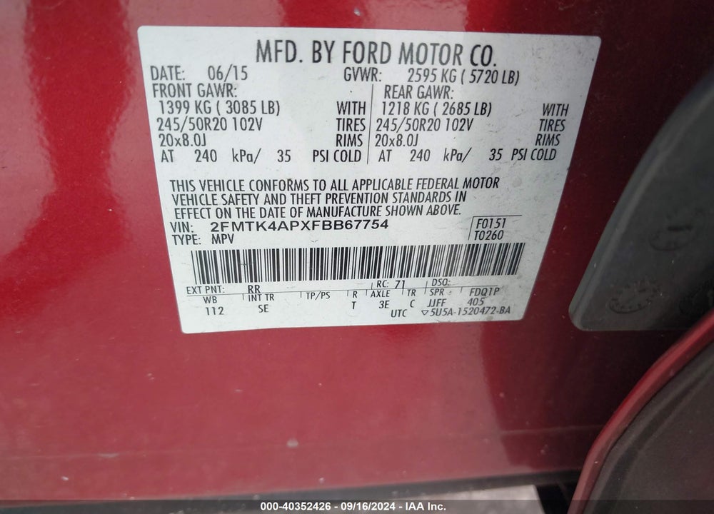 2015 FORD EDGE SPORT VIN: 2FMTK4APXFBB67754