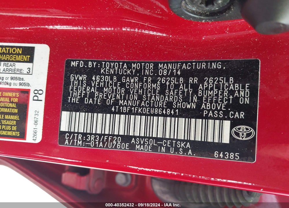2014 TOYOTA CAMRY SE SPORT VIN: 4T1BF1FK0EU864841