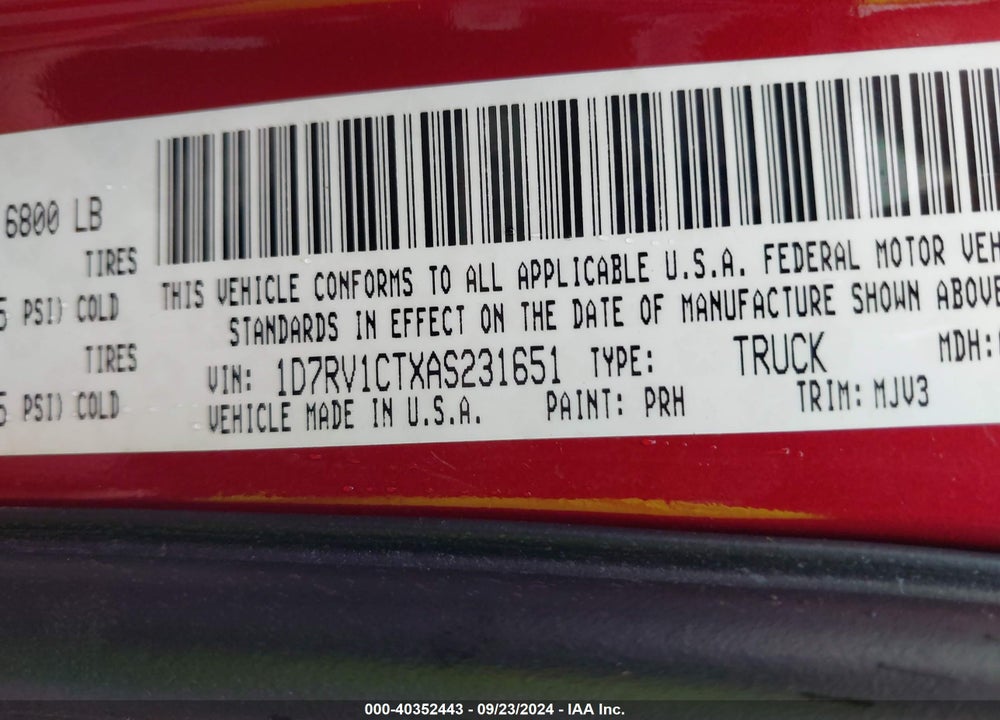 2010 DODGE RAM 1500 SLT/SPORT/TRX VIN: 1D7RV1CTXAS231651