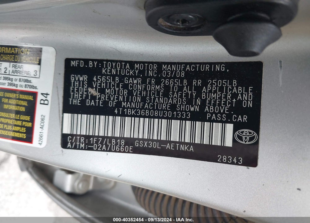 2008 TOYOTA AVALON TOURING VIN: 4T1BK36B08U301333