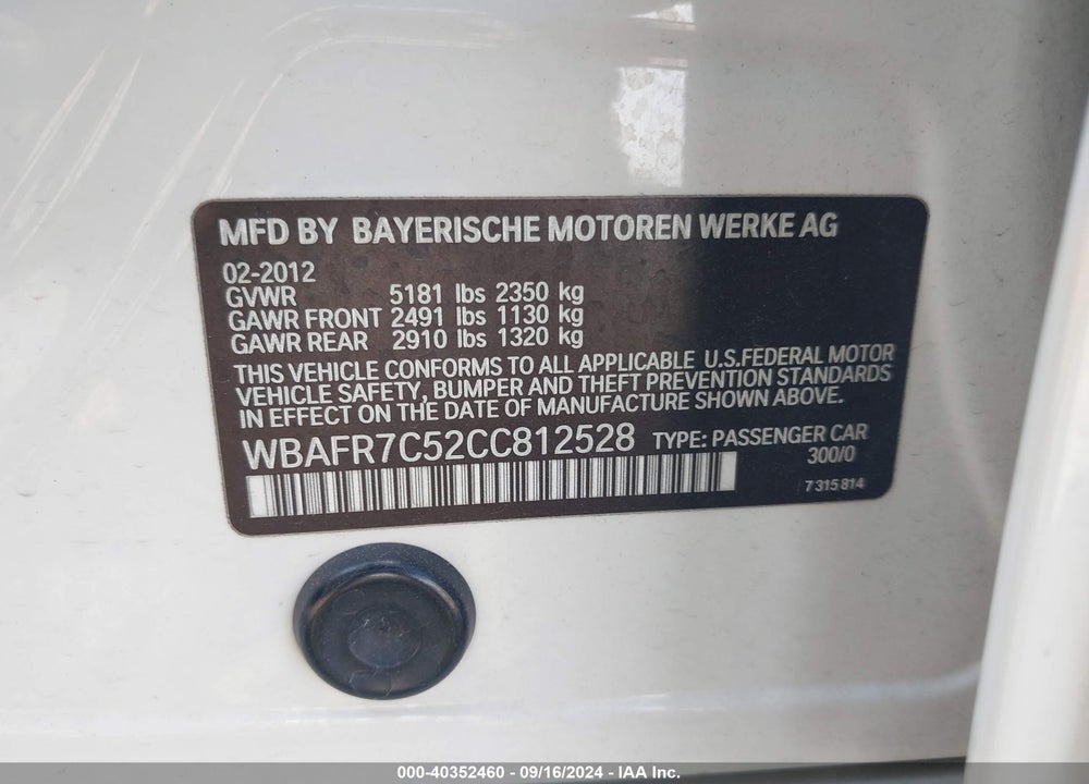 2012 BMW 535I VIN: WBAFR7C52CC812528