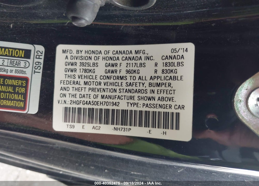 2014 HONDA CIVIC SI VIN: 2HGFG4A50EH701942