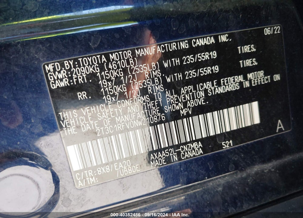 2022 TOYOTA RAV4 XLE PREMIUM VIN: 2T3C1RFV0NW210876