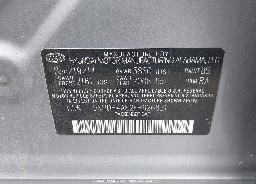 2015 HYUNDAI ELANTRA SE VIN: 5NPDH4AE2FH626821