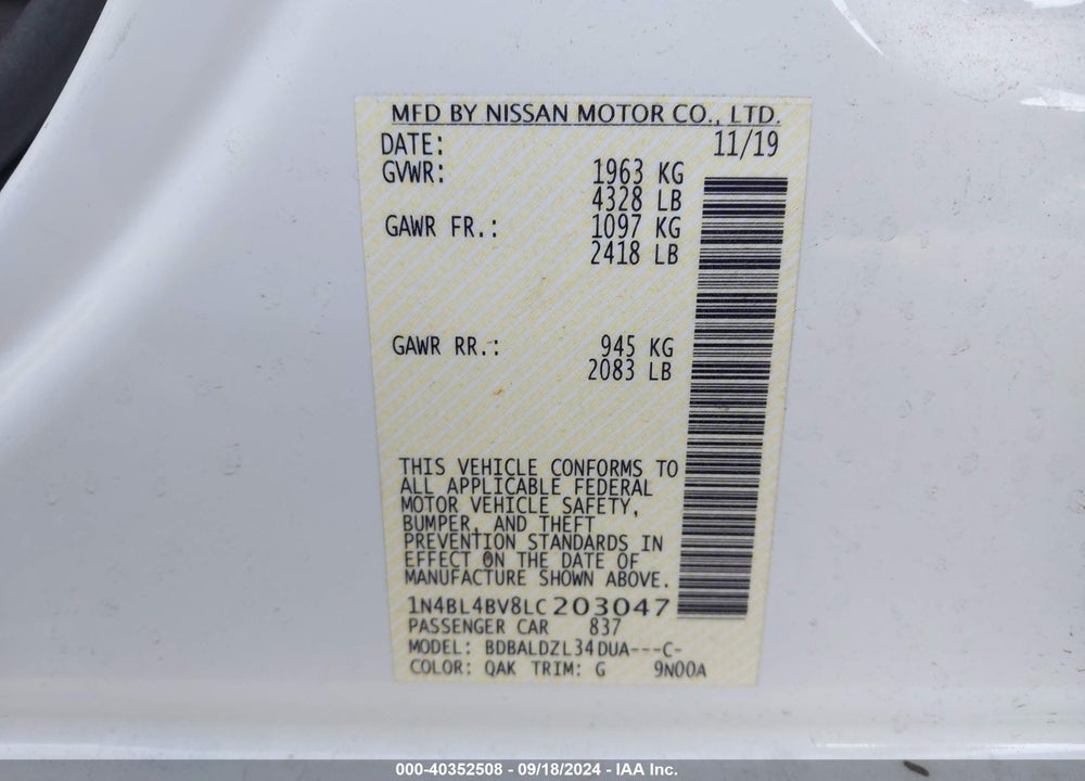 2020 NISSAN ALTIMA S FWD VIN: 1N4BL4BV8LC203047