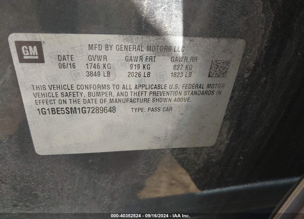 2016 CHEVROLET CRUZE LT AUTO VIN: 1G1BE5SM1G7289648