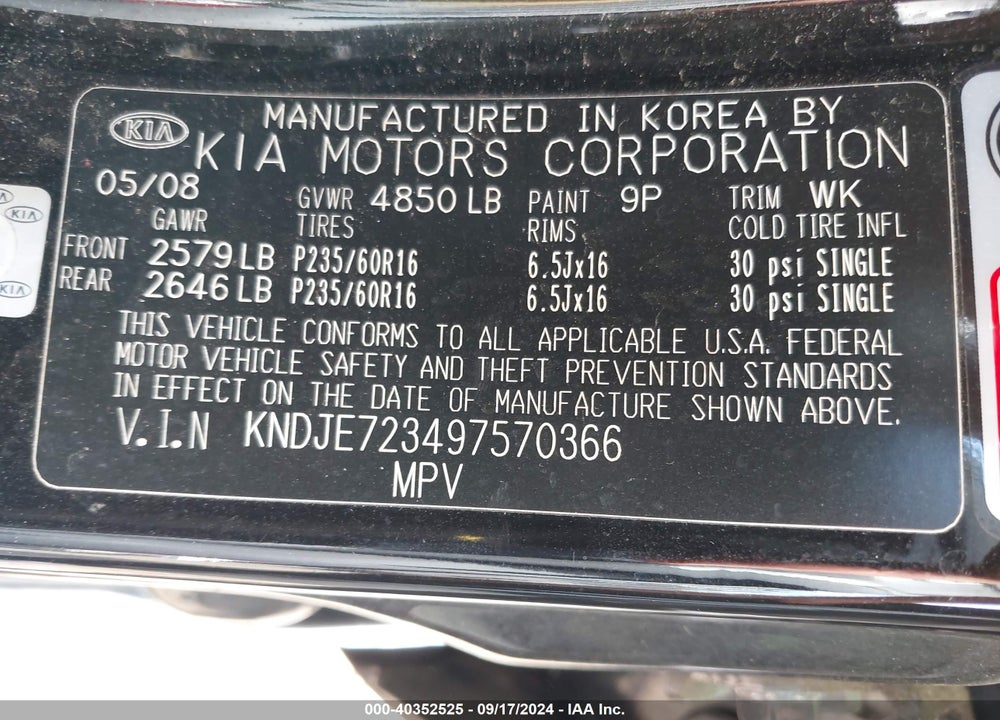 2009 KIA SPORTAGE LX V6 VIN: KNDJE723497570366