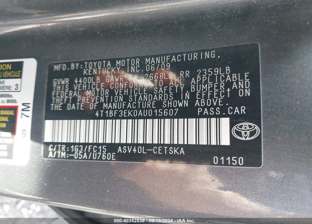 2010 TOYOTA CAMRY SE VIN: 4T1BF3EK0AU015607