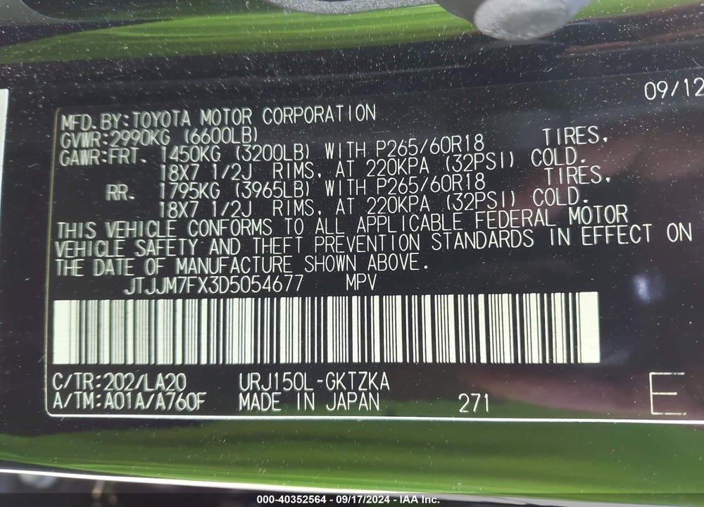 2013 LEXUS 460 PREMIUM VIN: JTJJM7FX3D5054677