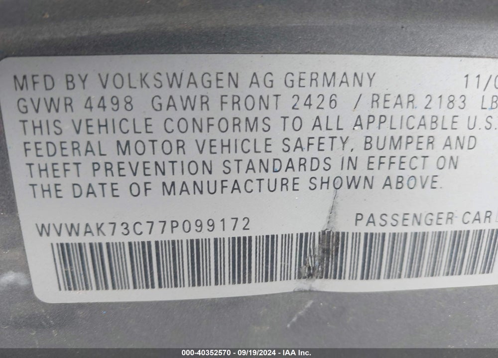 2007 VOLKSWAGEN PASSAT 2.0T VIN: WVWAK73C77P099172