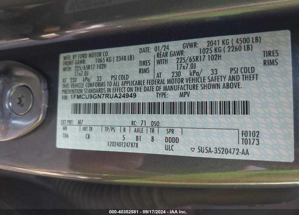 2024 FORD ESCAPE ACTIVE VIN: 1FMCU9GN7RUA24949