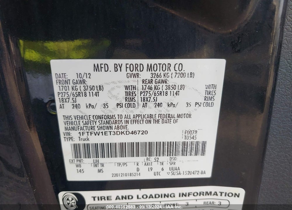 2013 FORD F-150 XLT VIN: 1FTFW1ET3DKD46720