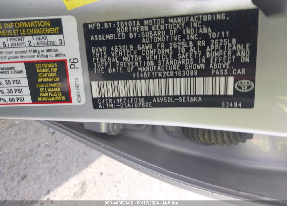 2012 TOYOTA CAMRY LE VIN: 4T4BF1FK2CR163088