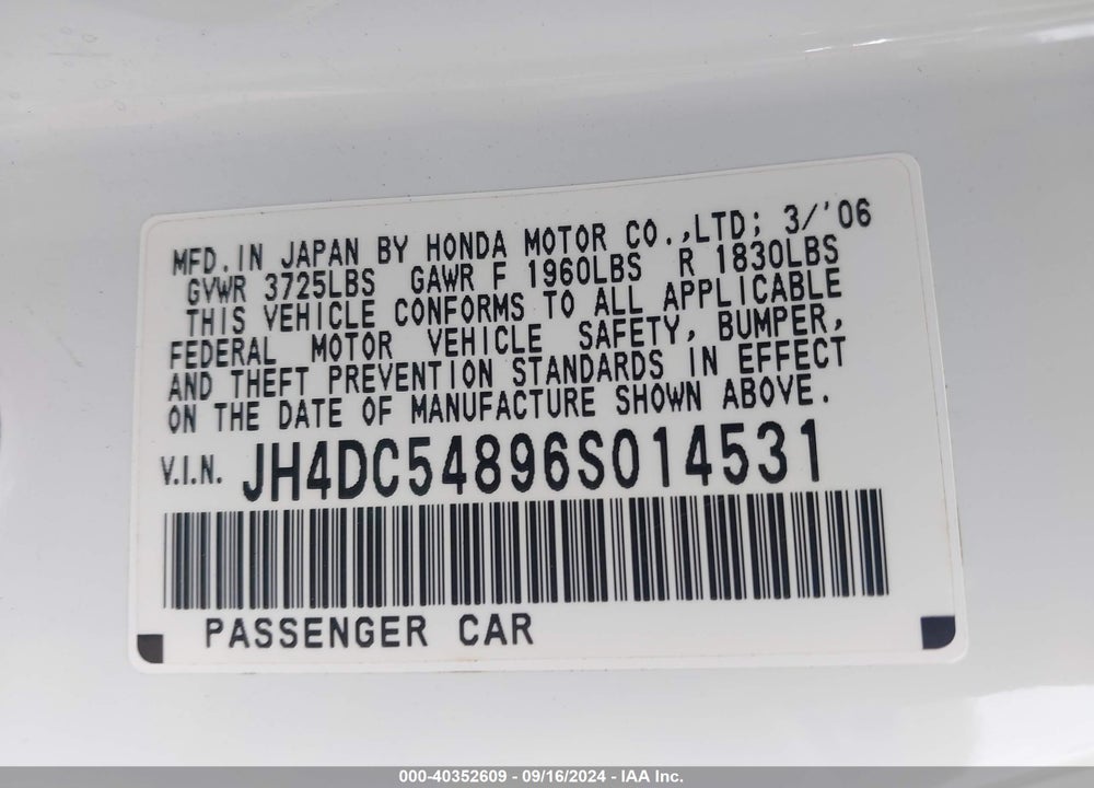 2006 ACURA RSX VIN: JH4DC54896S014531