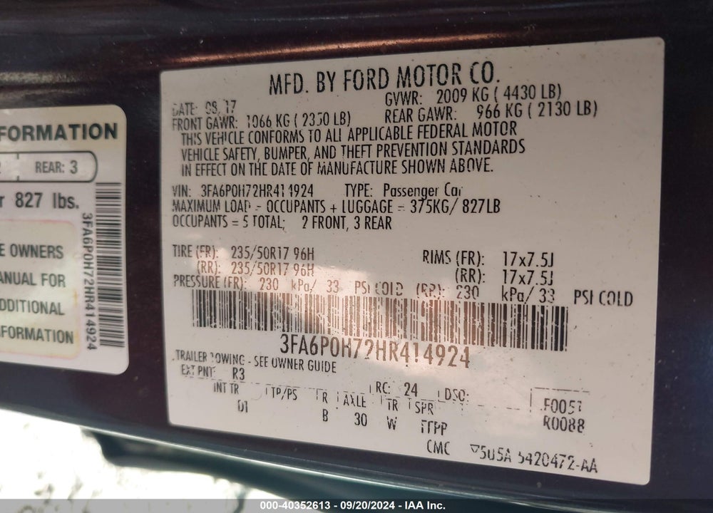 2017 FORD FUSION SE VIN: 3FA6P0H72HR414924