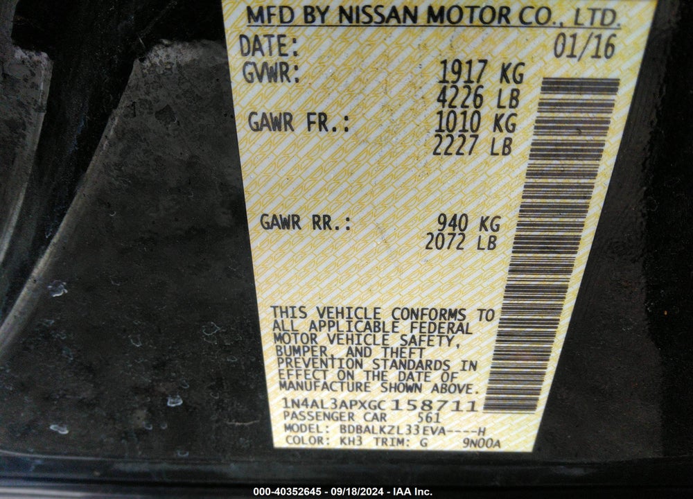 2016 NISSAN ALTIMA 2.5 SV VIN: 1N4AL3APXGC158711