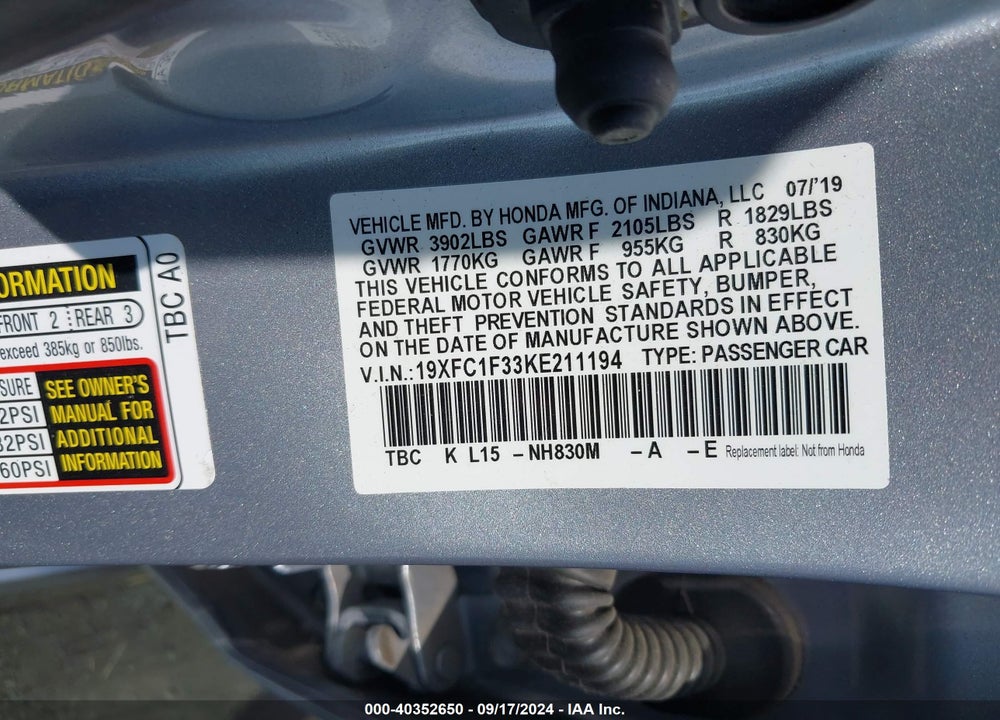 2019 HONDA CIVIC EX VIN: 19XFC1F33KE211194