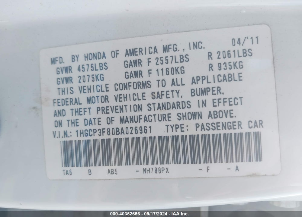 2011 HONDA ACCORD 3.5 EX-L VIN: 1HGCP3F80BA026961