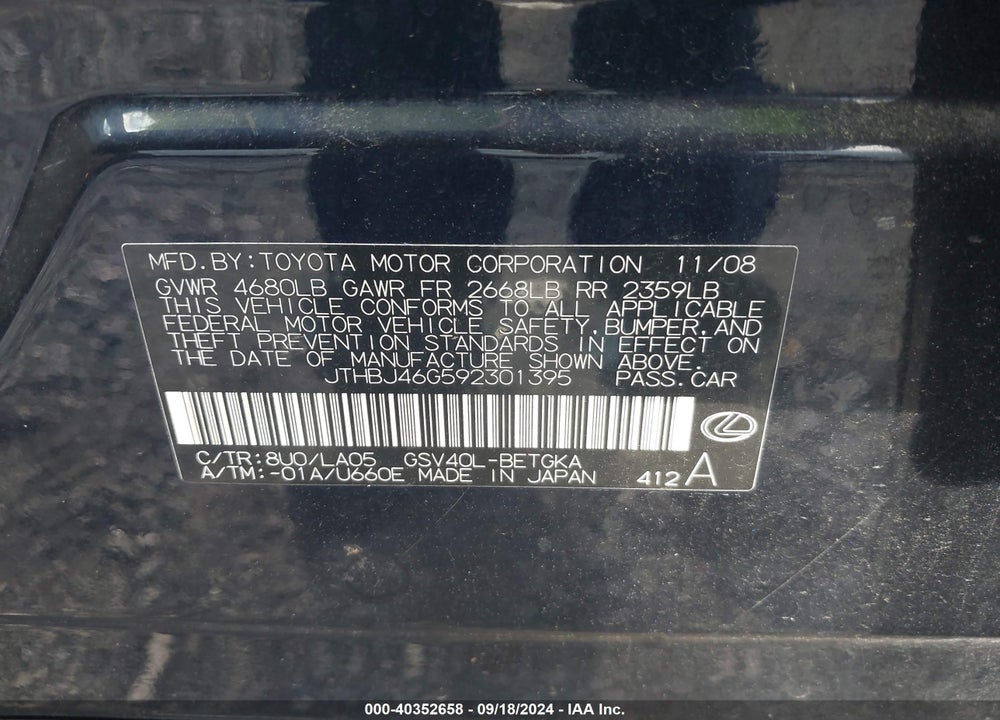 2009 LEXUS ES 350 VIN: JTHBJ46G592301395