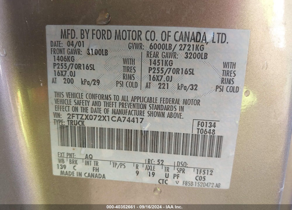 2001 FORD F-150 XL/XLT VIN: 2FTZX072X1CA74417