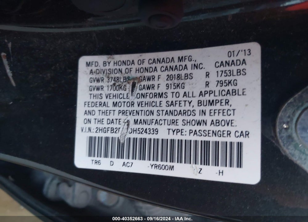 2013 HONDA CIVIC LX VIN: 2HGFB2F58DH524339