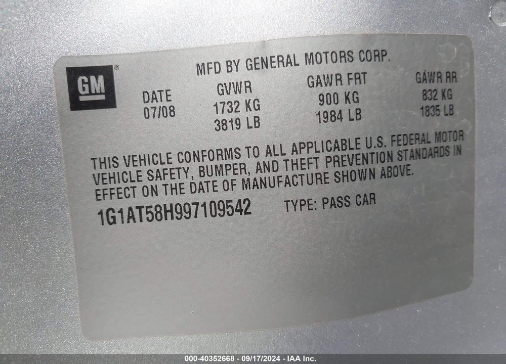 2009 CHEVROLET COBALT LT VIN: 1G1AT58H997109542