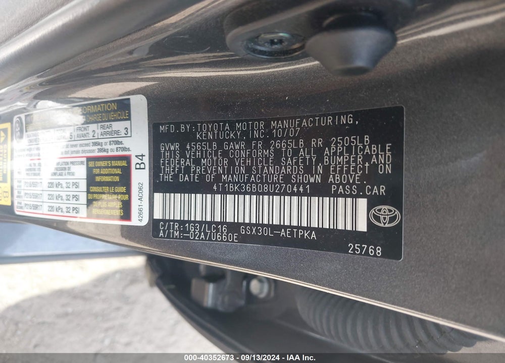 2008 TOYOTA AVALON LIMITED VIN: 4T1BK36B08U270441