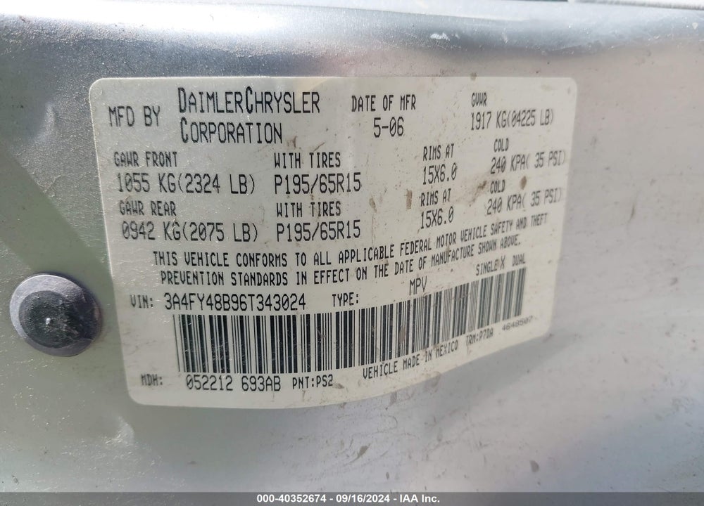 2006 CHRYSLER PT CRUISER VIN: 3A4FY48B96T343024