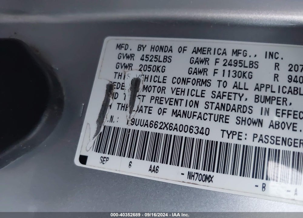 2006 ACURA TL VIN: 19UUA662X6A006340