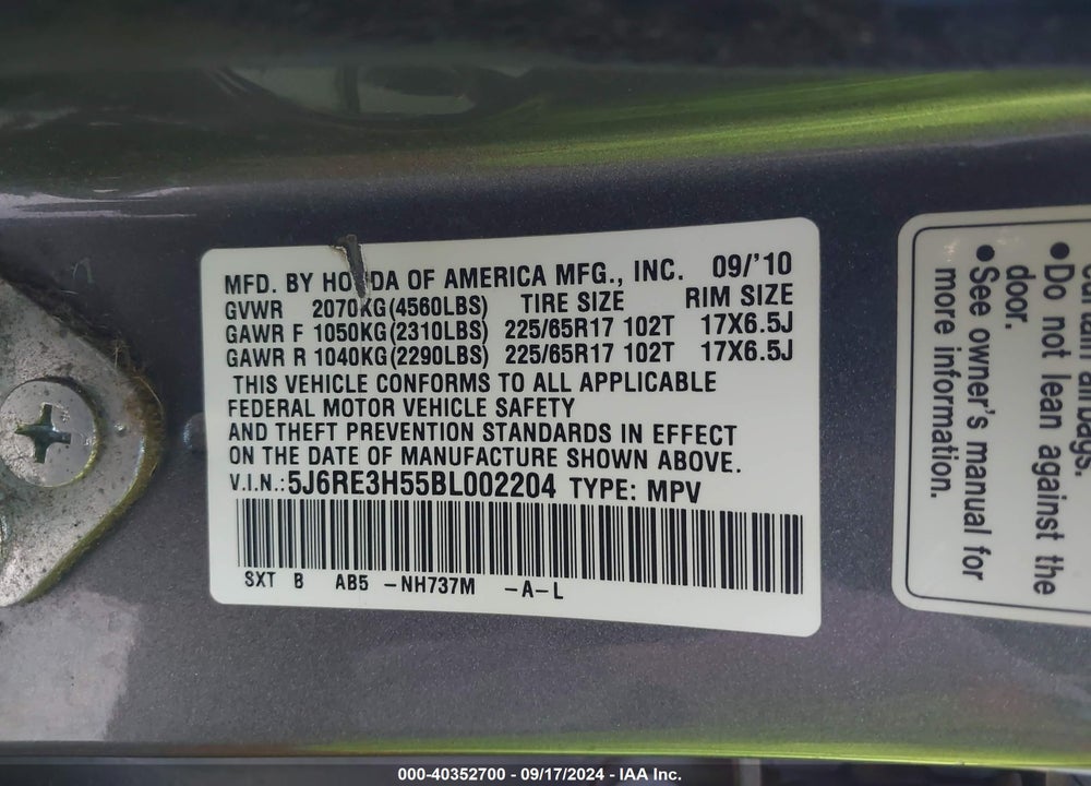 2011 HONDA CR-V EX VIN: 5J6RE3H55BL002204