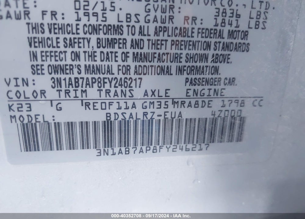 2015 NISSAN SENTRA SR VIN: 3N1AB7AP8FY246217